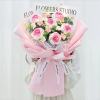 圣哲园 创意生日礼物编织毛线玫瑰花束永生花成品情人节送妈妈女朋友闺蜜 6朵玫粉渐变编织大花束