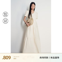 欧时力 弹力皱条长裙2024夏法式桔梗裙v领连衣裙 米黄 XL