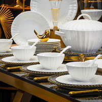 洛威 加州阳光纯白浮雕陶瓷餐具套装景德镇陶瓷碗碟家用釉下彩 加州阳光70件 70头