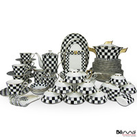 欧式高品意大利黑白格骨瓷餐具套装70头陶瓷西餐具盘子碗勺咖啡具