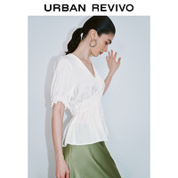 URBAN REVIVO 女士法式气质泡泡袖捏褶V领罩衫衬衫 UWG240100 本白 XL