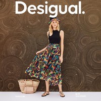 Desigual 24春夏伞摆波西米亚印花系带碎褶半截裙