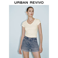 URBAN REVIVO 女士V领修身短款T恤衫 UWG440067 米白 L