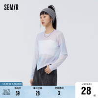 Semir 森马 长袖T恤女蝴蝶满印网纱2023春季新款修身不规则上衣甜酷小众