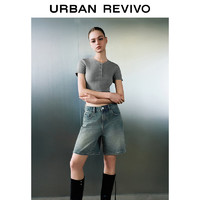 URBAN REVIVO 女士潮流休闲格雷系纽扣短袖T恤衫 UWV440153 花灰 L