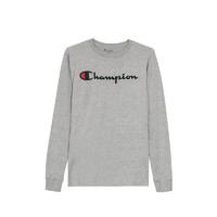 Champion 冠军卫衣男 草写logo纯色圆领套头长袖运动T恤打底衫 灰色 S码