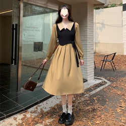 FOURDATRY 2024春夏秋季法式赫本风设计感假两件连衣裙收腰茶系文艺温柔长裙