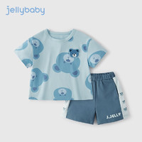 JELLYBABY 儿童夏装小熊两件套夏款男孩衣服夏季潮男童短袖套装 蓝色 100cm