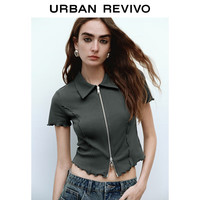URBAN REVIVO 女士潮流双拉链修身花边短袖开襟衬衫 UWV240035 中灰 S