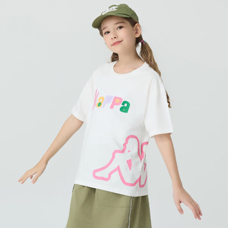 Kappa Kids卡帕儿童夏季短袖印花图案舒适全棉简约百搭女童T恤校园上衣 米白色   140