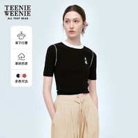 Teenie Weenie小熊女装2024夏装细条装饰短袖毛衣撞色领针织衫 黑色 160/S