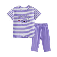 棉花堂女童夏装七分裤短袖套装洋气小童2024儿童夏季休闲两件套   紫白条 110/56