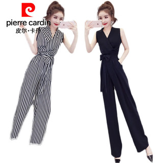 皮尔卡丹（pierre cardin）直筒条纹连体套装女夏时尚雪纺无袖高腰气质女神范阔腿长裤连衣裤 母亲节-黑白条纹 母亲节-S【85-95斤】