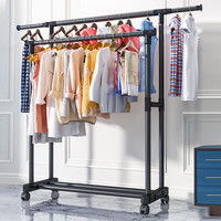 欧润哲落地晾衣架家用卧室挂衣架伸缩双杆可移动阳台晒衣架晾衣杆黑色 135cm双杆+防滑轮+可伸缩