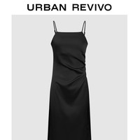 URBAN REVIVO 女士魅力光感缎面褶皱吊带连衣裙 UWG740117 正黑 S