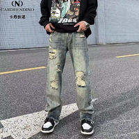 卡丹狄诺 美式高街水洗做旧割破洞牛仔裤男ins潮牌欧美hiphop拼接直筒长裤