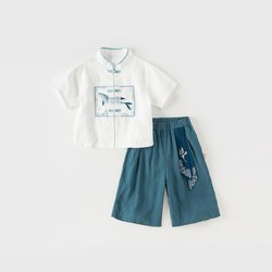 戴维贝拉 商场同款男童国风汉服抗菌套装2024夏装儿童九分裤凉感两件套