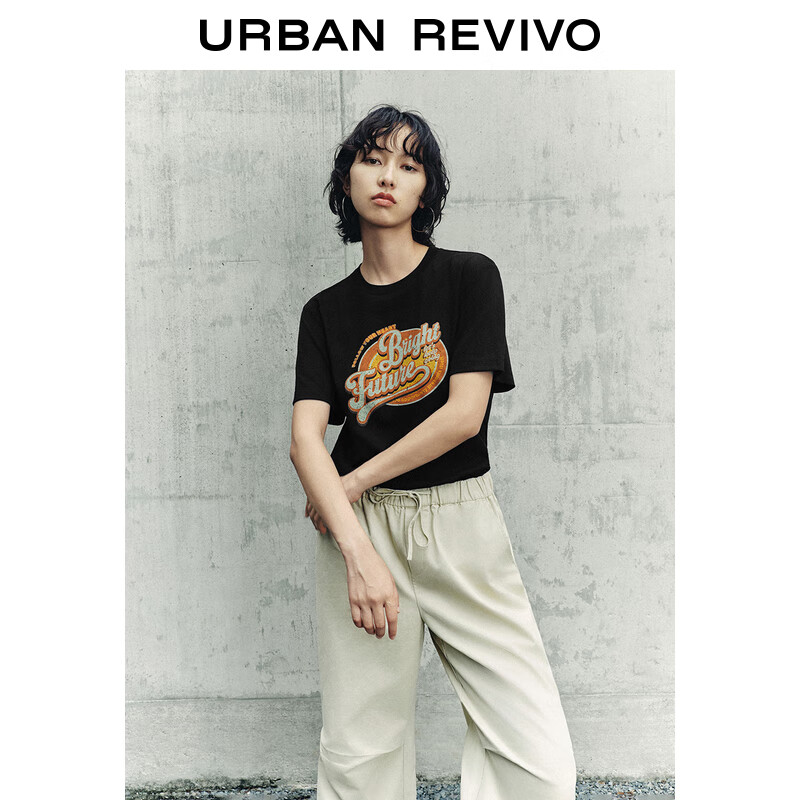 URBAN REVIVO 女装美式复古时髦撞色印花棉质T恤衫 UWL440147  正黑 L