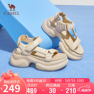 CAMEL 骆驼 休闲凉鞋女舒适羊皮松糕厚底魔术贴凉鞋 L24M577653 杏色 39