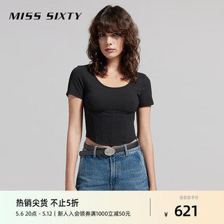 MISS SIXTY2024夏季T恤女U型领短袖修身简约显瘦拉链辣妹风 黑色 XS