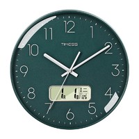 TIMESS 液晶显示万年历挂钟客厅卧室圆形钟表家用免打孔时钟时尚创意简约扫秒机芯石英钟P12B-9绿面白字30厘米