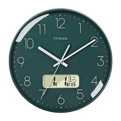 TIMESS 液晶顯示萬年歷掛鐘客廳臥室圓形鐘表家用免打孔時鐘時尚創意簡約掃秒機芯石英鐘P12B-9綠面白字30厘米