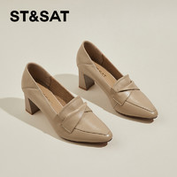 ST&SAT 星期六 粗跟羊皮柔软舒适小皮鞋女2024夏季新款真皮粗跟深口高跟鞋