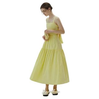 黄色吊带裙夏黄长裙海边度假连衣裙