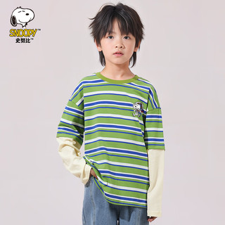 SNOOPY 史努比 儿童衣服男童长袖T恤假两件上衣 拥抱宇航员-灰色蓝绿120
