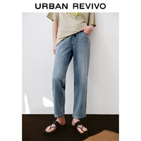 URBAN REVIVO 女装复古水洗棉质时髦卷边牛仔长裤 UWH840085 蓝色 25