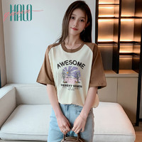Halo Queen 短袖T恤女夏季韩版植物印花半袖女装潮流上衣女H143T1412