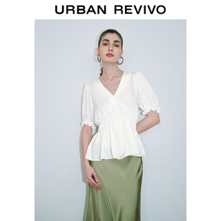 URBAN REVIVO 女士法式气质泡泡袖捏褶V领衬衫 UWG240100 本白 L