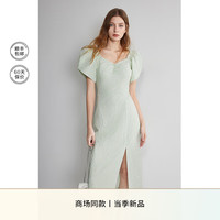 欧时力 方领短袖连衣裙2024春夏提花法式木耳褶礼服 灰绿 L