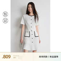 ochirly欧时力 竹节天丝小香风连衣裙2024夏装法式圆领荷叶边 白色 M