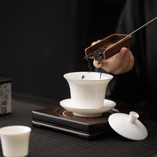 苏氏陶瓷（SUSHI CERAMICS）悬停马蹄三才盖碗羊脂玉描金德化白瓷功夫茶具泡茶碗茶备