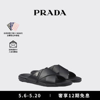 PRADA/普拉达男士金属徽标饰牛皮革交叉拖鞋 黑色 8.5