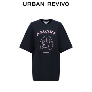 URBAN REVIVO 女装时尚休闲趣味萌宠刺绣短袖T恤衫 UWU440058 墨蓝 XL