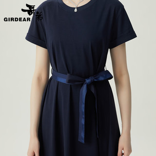 哥弟【GD】轻奢气质中长款短袖纯棉A字连衣裙（附腰带）1500536 靛蓝色 M (3码)