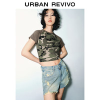 URBAN REVIVO 女士街头迷彩修身短款插肩袖T恤 UWV440036 深绿色印花 XS