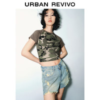 URBAN REVIVO 女士街头迷彩修身短款插肩袖T恤 UWV440036 深绿色印花 S