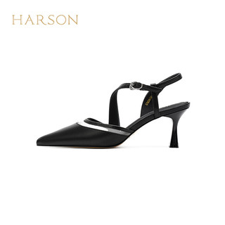 哈森一字带时尚后空凉鞋2024夏尖头高跟凉鞋细跟高级感女鞋HWM240103 黑色 34