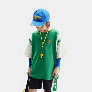 MQD 马骑顿 童装男童假两件短袖T恤24夏装男大童网眼透气篮球服体恤 森林绿