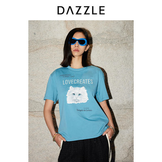 DAZZLE地素 T恤2024春季女装摩登复古设计猫咪肌理感短袖上衣 蓝色 S