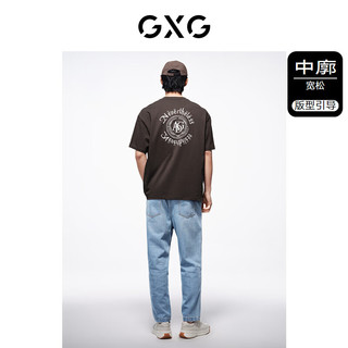 GXG男装 双色环形印花复古休闲圆领短袖T恤男士上衣 24年夏 咖色 180/XL