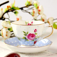 品来运 欧式骨瓷咖啡杯碟精致下午茶杯小奢华咖啡具套装陶瓷花茶杯子 蔷薇记忆 冰蓝 杯碟+金勺