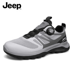 Jeep 吉普 男鞋2024新款夏季透气网面旋钮扣薄款户外休闲运动男士鞋子潮 灰色 40 (运动鞋码)