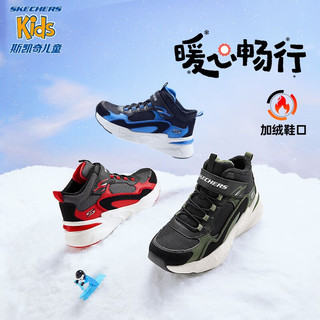 Skechers斯凯奇童鞋男女童棉鞋冬季防滑儿童加绒运动鞋中帮棉靴302527L 男童-鞋口加绒/黑色/绿色/BKGR 37码