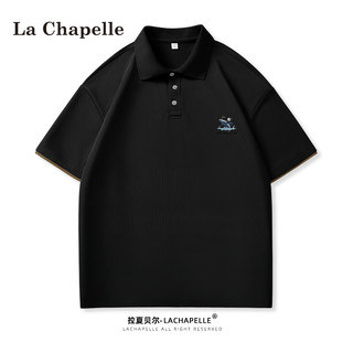 La Chapelle polo衫男短袖可爱鲸鱼印花通勤t恤男宽松透气翻领休闲青年上衣 黑色 M