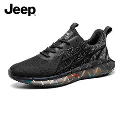 Jeep 吉普 男鞋2024新款夏季飞织网面透气运动鞋子男户外跑步耐磨休闲鞋 黑灰 39 （运动鞋码）