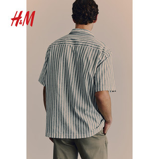 H&M男装衬衫2024夏季新品标准版型舒适亚麻混纺古巴领衬衫1218666